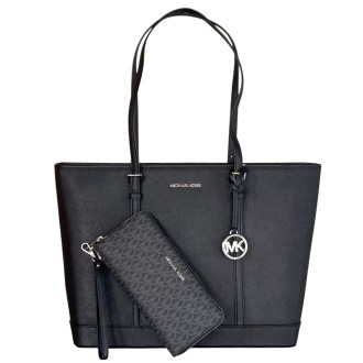 Set Michael Kors - Kožená kabelka Michael Kors a peněženka MK Continental černá silver